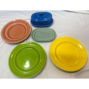 Vintage Metlox Colorstax Covered Butter Dish BLUE 3 Plates 8" Green Underplate